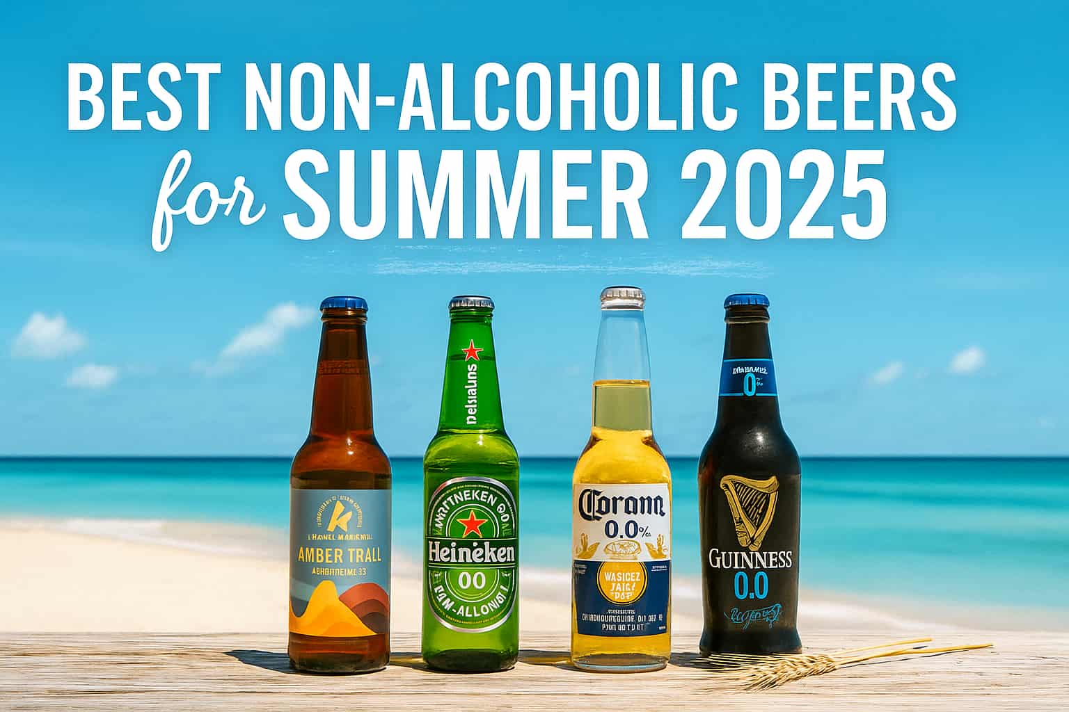best non alcoholic beer, alcohol-free beer, summer drinks 2025, Athletic Brewing beer, Heineken 0.0 bottle, Corona Sunbrew 0.0%, Guinness 0.0 beer, non alcoholic beer brands USA, 0.0% beer on beach, refreshing non alcoholic beer, NA beer bottle, chilled beer without alcohol, beer alternative, sober summer drinks, beer for non drinkers