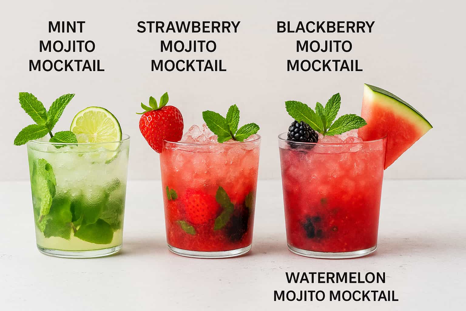 A vibrant flat-lay of four mojito mocktails – mint, strawberry, blackberry, and watermelon – served in tall glasses with fresh garnishes on a colorful summer background