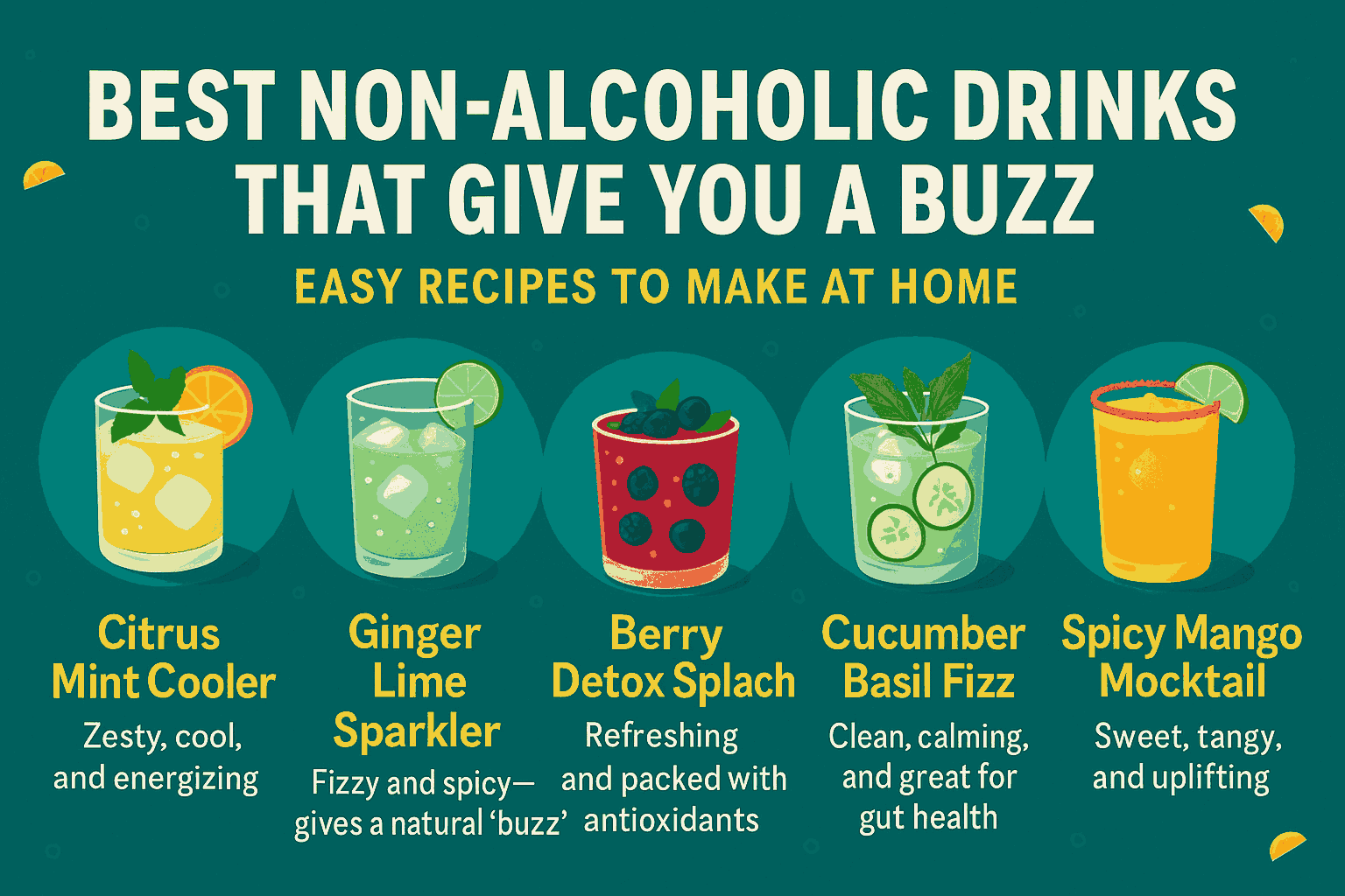 Best non-alcoholic drinks that give you a buzz, detox-friendly, easy to make at home, healthy mocktails with fruit, fizz, and natural energy.