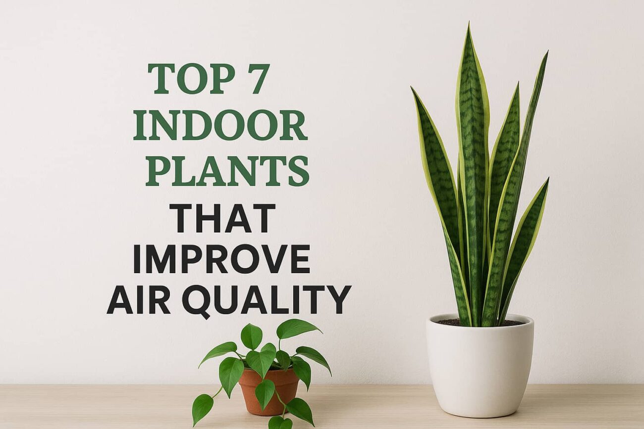 Top 7 indoor plants that improve air quality, air quality improving plants, plants that improve air quality, best plants for indoor air quality, snake plant in white pot, pothos plant in terracotta pot, indoor greenery for fresh air, houseplants that purify air naturally, easy care air purifying plants, air purifying houseplants for home and office.