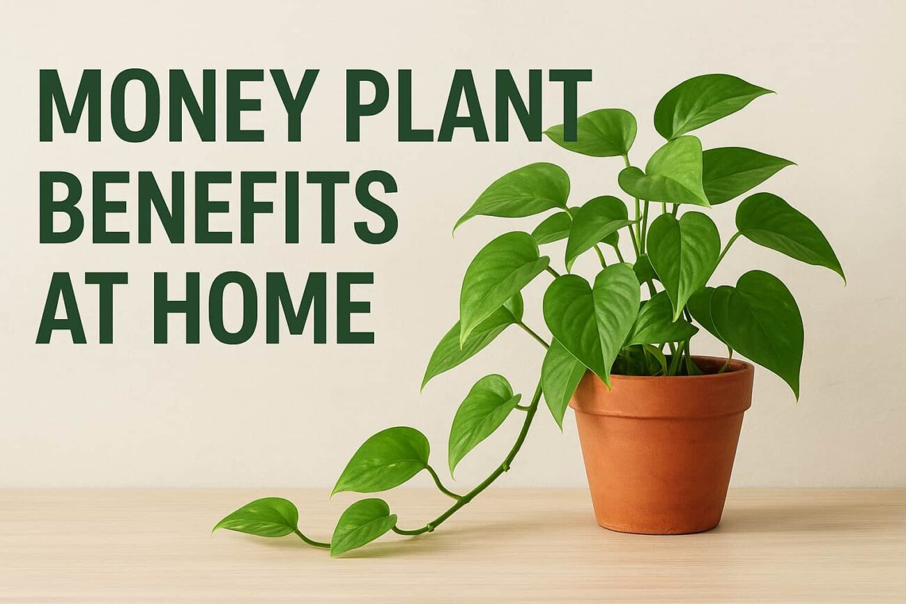 Money plant in a terracotta pot with lush green heart-shaped leaves placed on a wooden table, highlighting the natural beauty and vastu benefits of money plant at home for health, wealth, and positivity.
