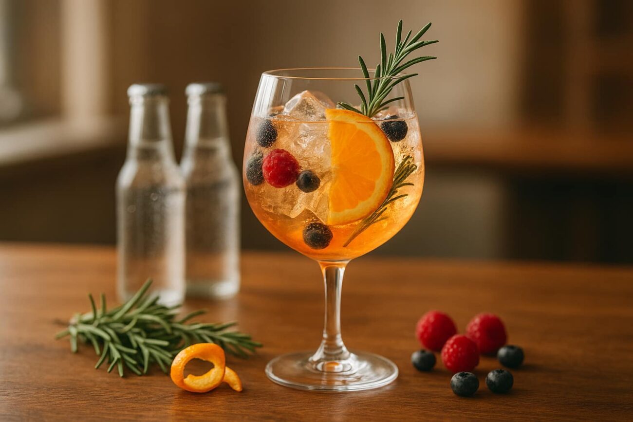 non-alcoholic cocktail with herbs and citrus on wooden bar counter, refreshing zero-proof cocktail with ice cubes and berries, elegant mocktail with rosemary, orange peel, and tonic bottle, vibrant alcohol-free drink with fresh botanicals and citrus slices, colorful non-alcoholic cocktail for healthy lifestyle blog, zero-proof cocktail served on rustic wooden counter with garnish, refreshing mocktail with natural ingredients and cozy bar background