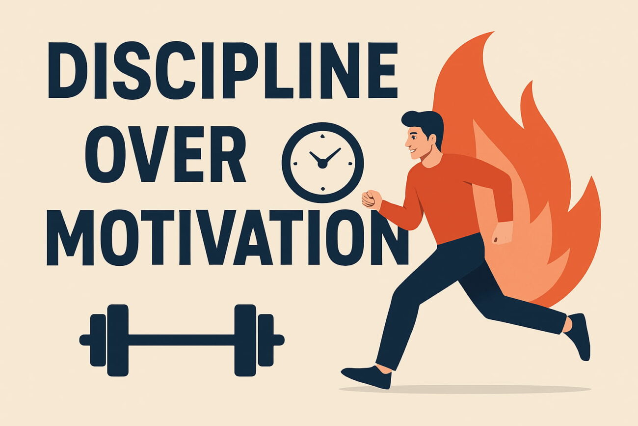 Discipline over motivation illustration with steady flame and fading spark Motivational landscape showing self-discipline and consistency Sunrise over winding path symbolizing long-term progress and discipline Person walking along path representing discipline mindset Self-discipline vs motivation concept visual for blog header