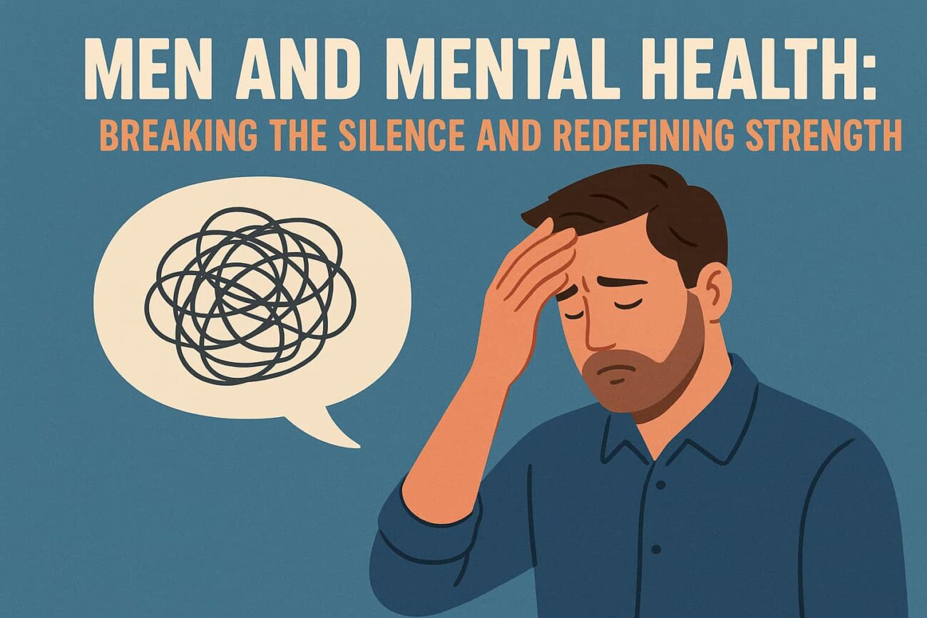 Men and mental health awareness illustration showing the importance of breaking the silence, redefining strength, and addressing depression in men and young men. This image highlights stigma around men’s mental health while promoting men’s mental health support and awareness.